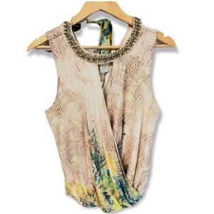 Bebe jewel encrusted multi print open cut our tie back sleeveless top#76B